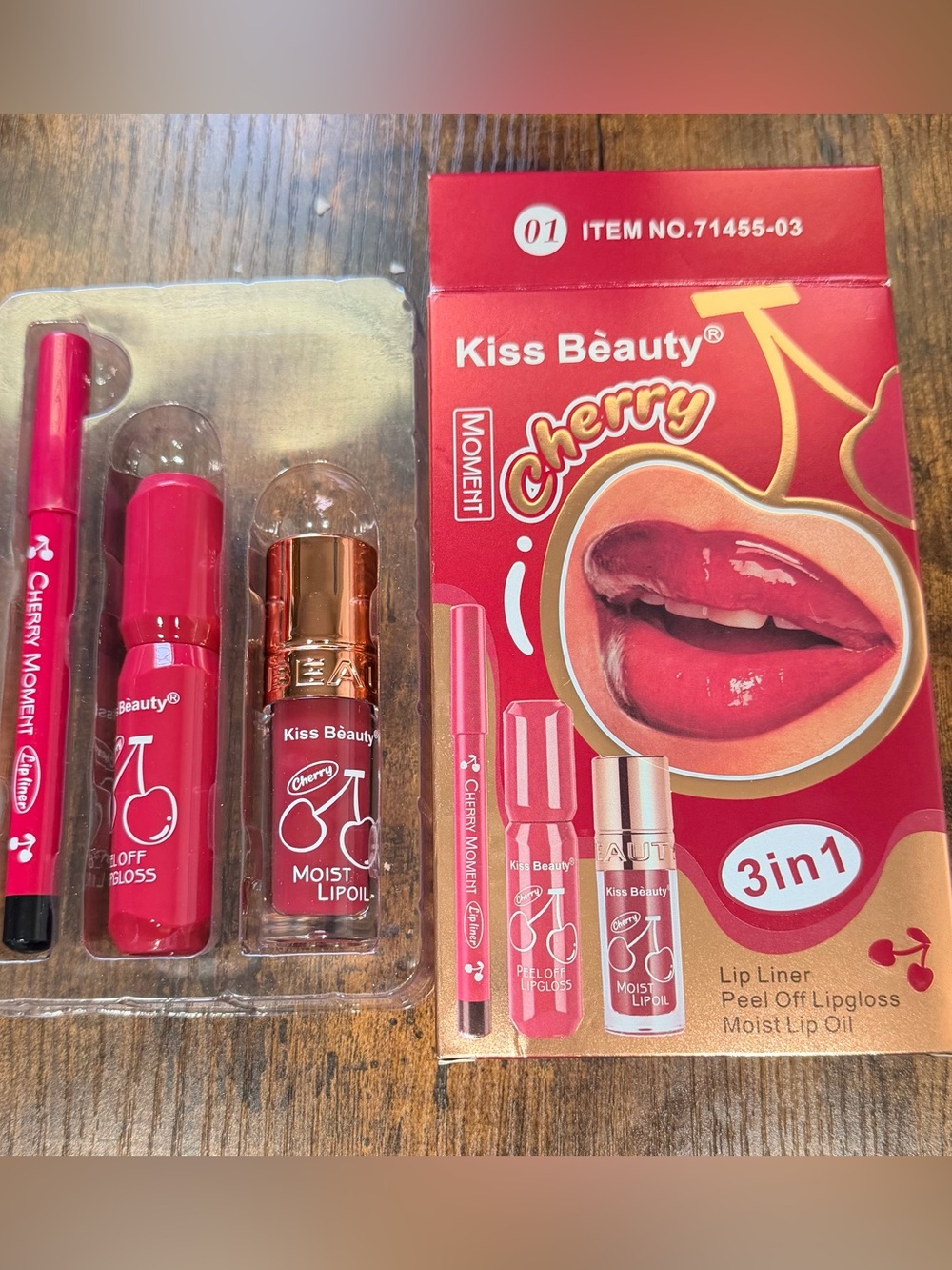 Cherry Shade #1 3-in-1 Lip Set – Lip Liner, Peel-Off Gloss & Moist Lip Oil